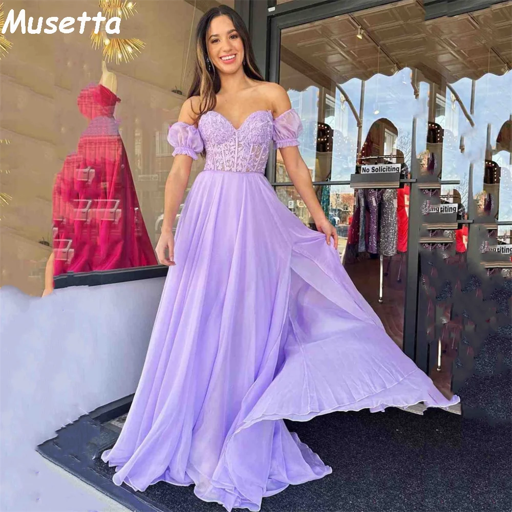 

Musetta Lavender Lace Embroid Evening Dresses Vestidos De Noche Sweetheart Detachable Puffy Sleeve Chiffon A-line Prom Dress