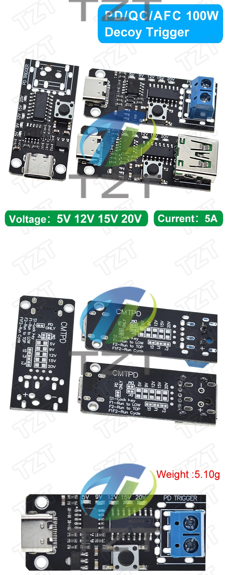 TZT 1/5PCS 100W 5A USB-C Schnellladung Trigger Board Modul PD/QC Decoy Board Schnellladung USB Typ-c PD 2.0 3.0 Boost Power Modul – Detail 7