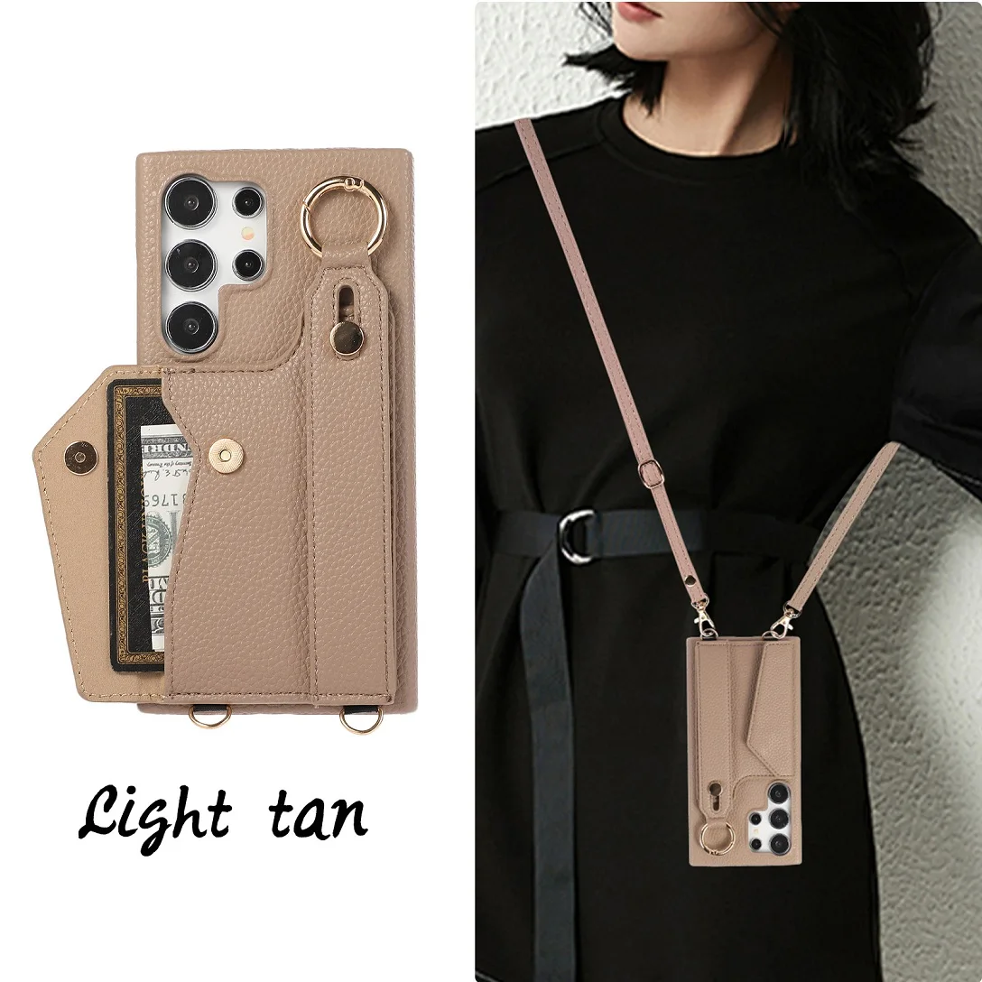 Luxury Shoulder Leather Wallet Case with Card Slot and Hand Strap - Purse Phone Cover