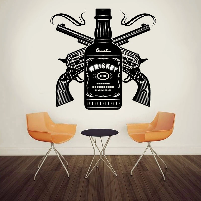 Vinyl Wall Stickers Bar Decoration Wine Bottle Double Gun Decals Home and Restaurant Fashion Art