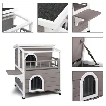 Outdoor Wood 2-Floor Cat Condo Pet House Kitty Shelter With Stairs Balcony 5