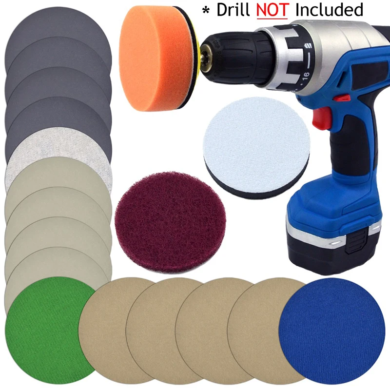 

15 PCS Loop & Hook Sandpaper Sanding Disc 3 Inch Polishing Pad Scouring Cloth Sponge Pad Kit Automotive Headlight Repairing