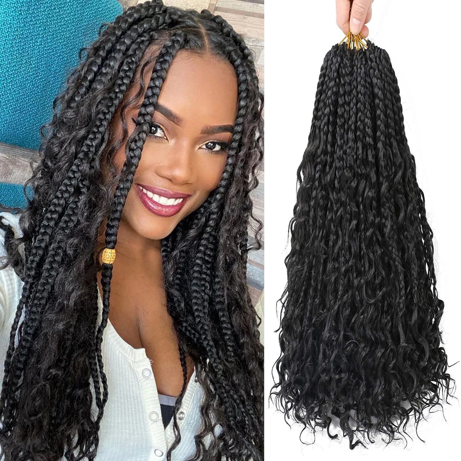 Synthetic Goddess Box Braids Crochet Curly 14Inch Boho Box Braids Crochet  Hair Bohemian Bob Box Braid Hair Extension for Women