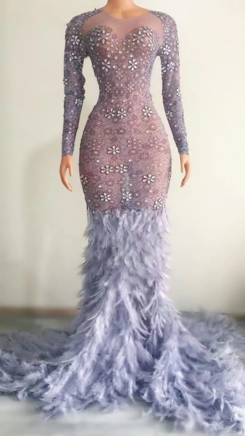 

New Style Silver Rhinestone Feather Evening Party Show Costume Long Train Dress Wedding Birthday Celebrate Outfit Women