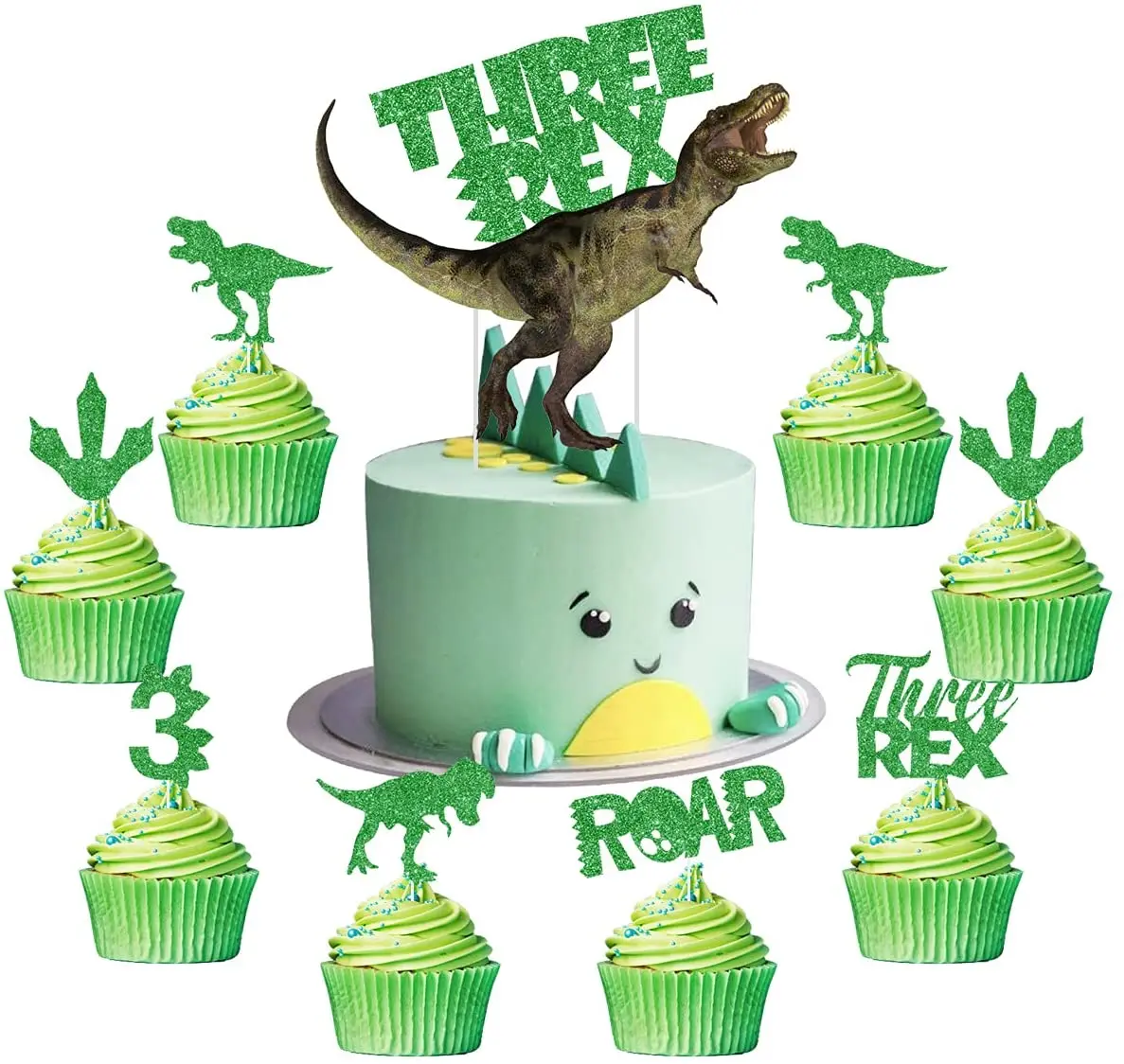 3rd Birthday Dinosaur Party Decor - Black & Green T-Rex Banner & Cake Topper Set, Realistic Dino Theme - View #11