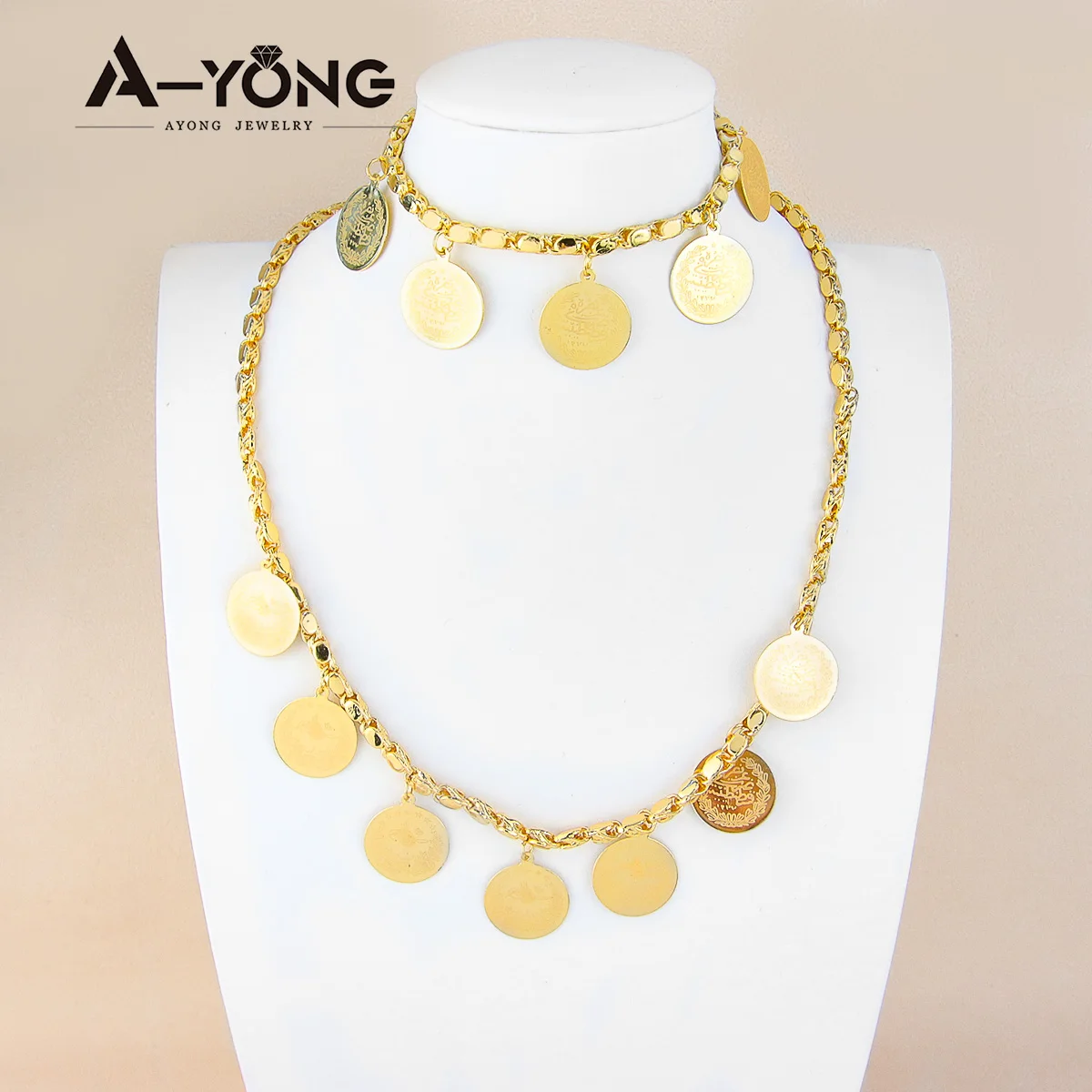 

Arab Gold Color Coin Necklace Set 21k Gold Plated Dubai Turkish Bridal Wedding Jewelry Choker Set Womens Mens Vintage Jewelrys