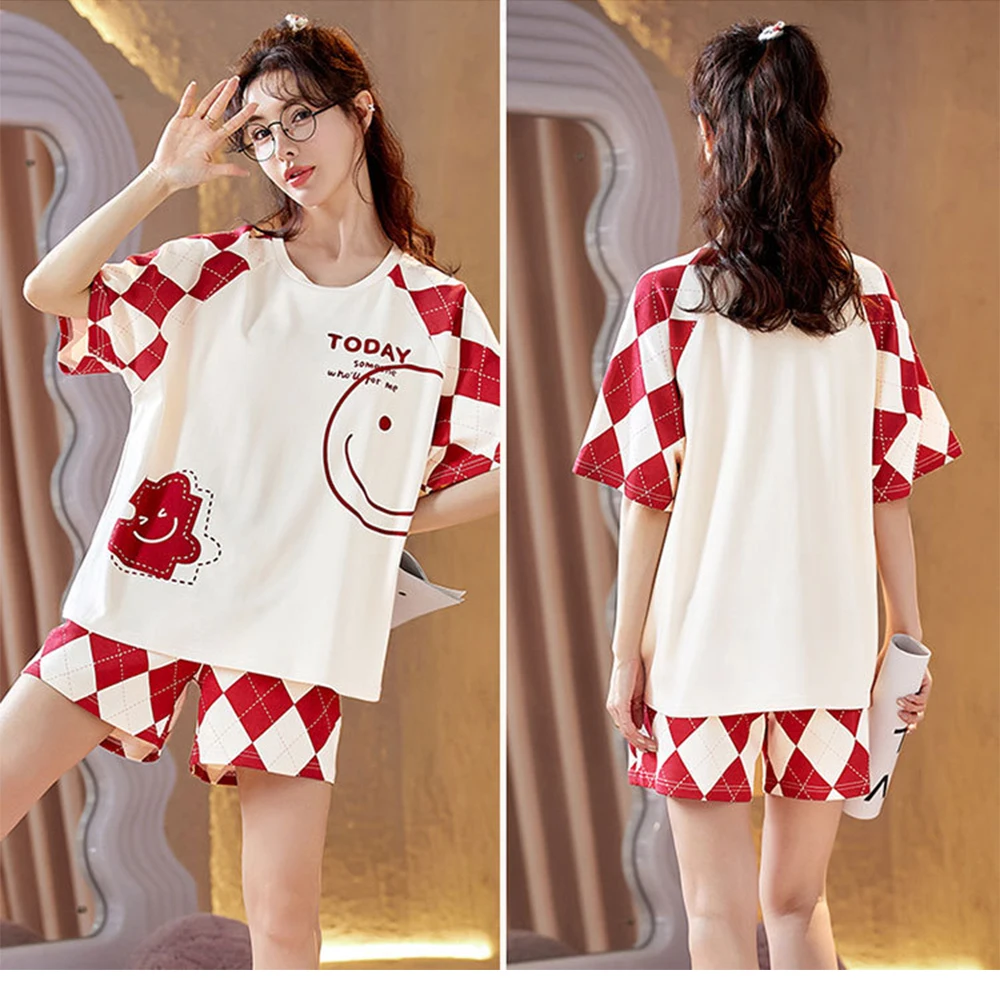 M-2XL 100% Cotton Cute Sweet Cartoon Home Clothes 2024 New Summer Short Sleeve Sleepwear Breathable Comfortable Women's Suit