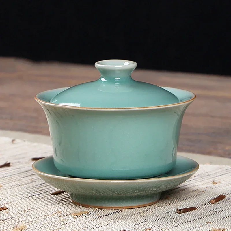 Gaiwan Longquan Celadon Kung Fu Tea Set Three Talents Ge Kiln Open Slices Ceramic Tea Bowl Hand Grab Covered Bowl