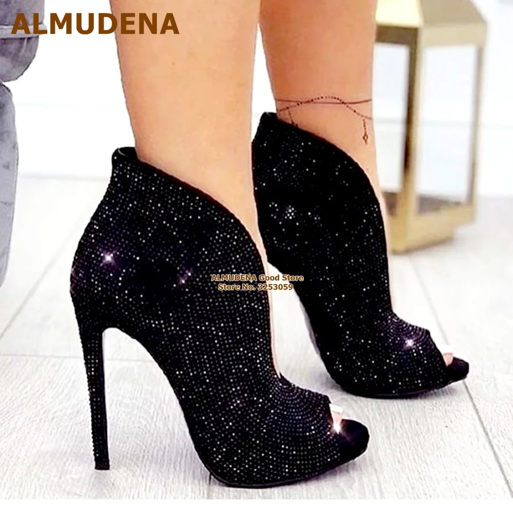 

ALMUDENA Bling Bling Black Crystal Ankle Boots Fully Covered Rhinestone Glitter Banquet Shoes V-cut Open Toe Thin Heel Booties