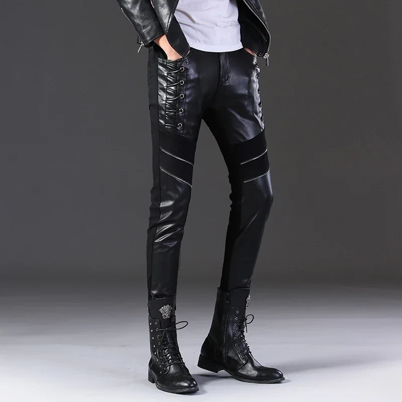 HOO 2024 Men's Slim-Fit Leather Pants Teen Trend Semi-Leather Pants Fashion Stitching Skinny Leather Pants