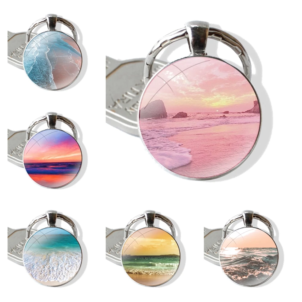 

amazing nature summer beach ocean Cartoon Fashion Design Creative Keychains Handmade Glass Cabochon Alloys Key Rings