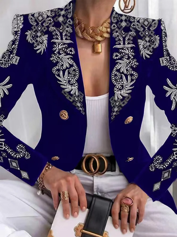 Stylish Streetwear Paisley Chian Printed Double Breasted Long Sleeve  Blazer for Women 2023 Autumn Winter Chic Blazers