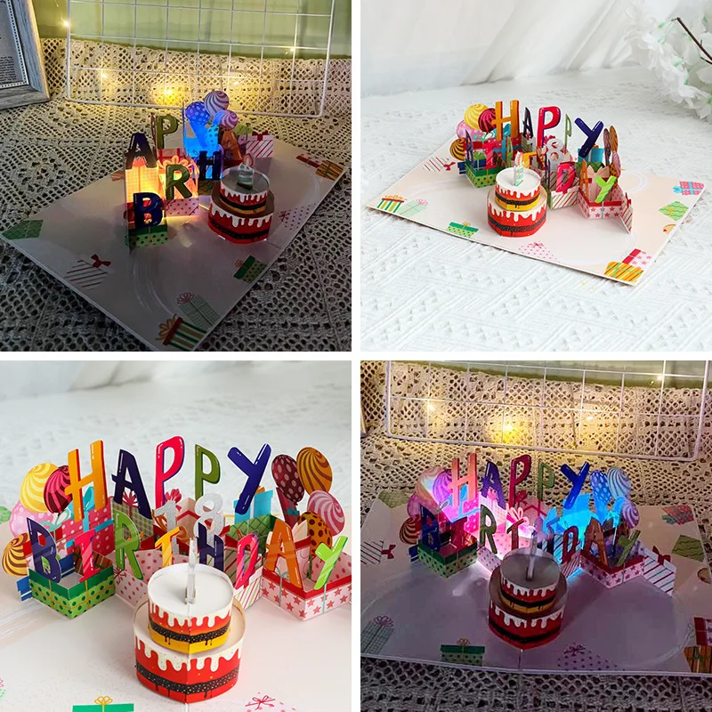 New Creative Greeting Card Chocolate Birthday Cake Blowing Candles Music Lights Ins Style 3D Cake Pop Up Birthday Gift Cards