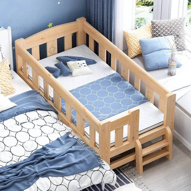 Nordic Solid Wood Small Children's Beds with Guardrails Single Bedside Bed for Boys and Girl Widened Spliced Large Bed Furniture