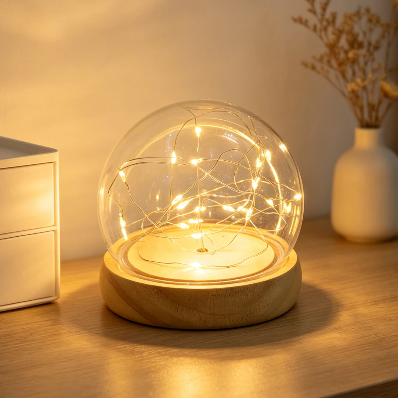 DIY 원형 볼 야간 조명, 20개 LED와 나무 받침대 포함, 침실 장식에 적합