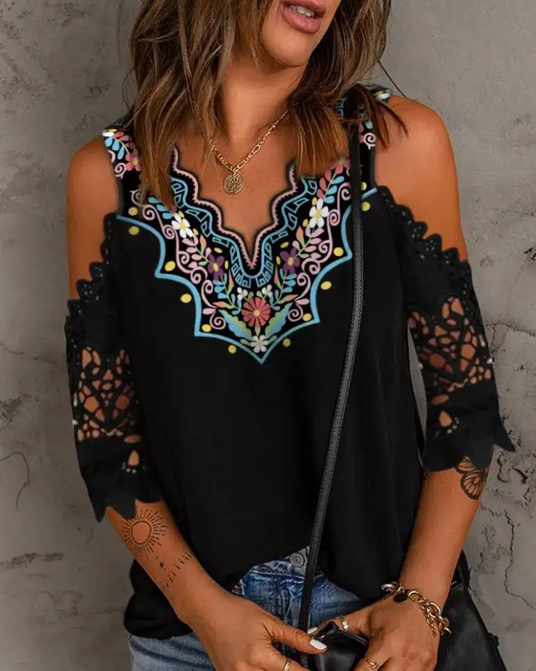 

Women's Blouse 2022 Summer Latest Fashion Contrast Lace Tribal Print Cold Shoulder Half Sleeve Boho Vacation T-Shirt Top