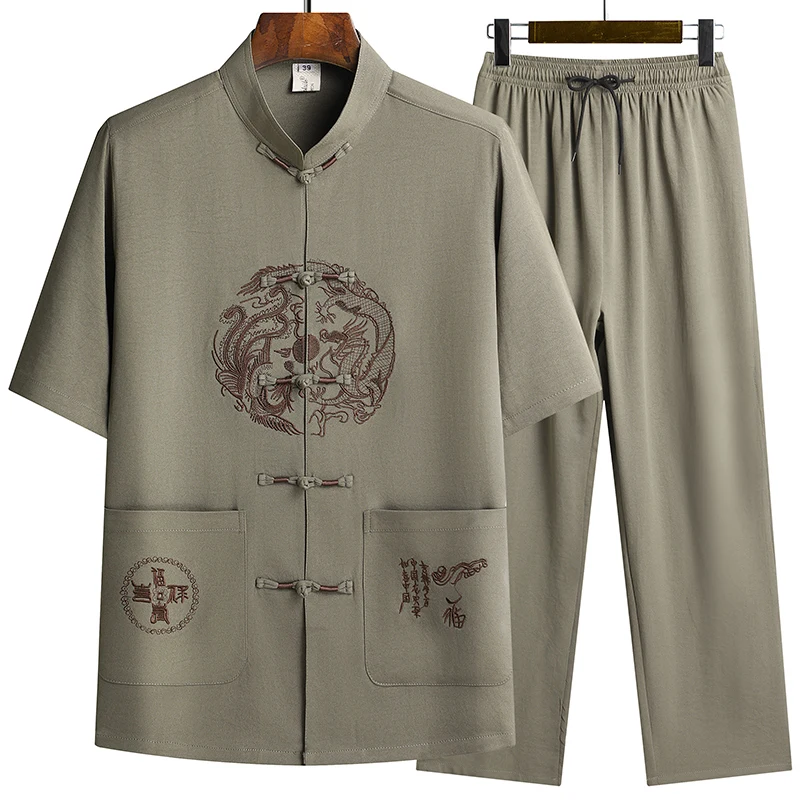 Linen (top + Pants) Middle-aged Ruffled Linen Chinese Tang Suit Men's Chinese Style Hanfu Grandpa Linen Lay Suit 2