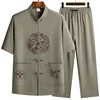 Linen (top + Pants) Middle-aged Ruffled Linen Chinese Tang Suit Men's Chinese Style Hanfu Grandpa Linen Lay Suit 2