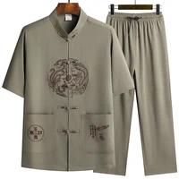 Linen (top + Pants) Middle-aged Ruffled Linen Chinese Tang Suit Men's Chinese Style Hanfu Grandpa Linen Lay Suit 2