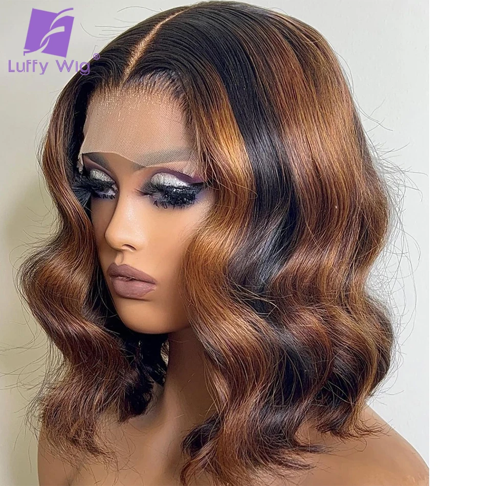 Human Hair Wig Lace Front Wigs Ombre Honey Blonde Colored Short Body Wave 13x6 HD Lace Frontal Wig with Bangs Pixie Cut Bob