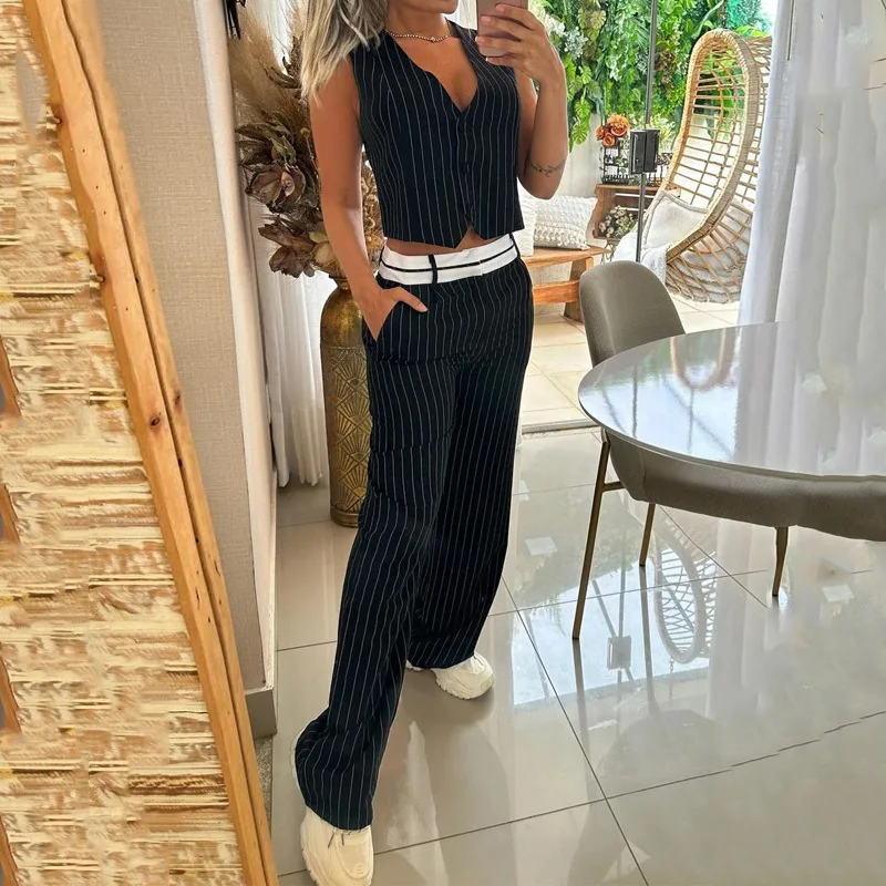 

2023 New Two Piece Pant Sets for women Fashion Sexy V Neck Waistcoat Vest With small foot pants Lady Work Office Pants Sets