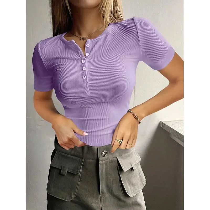 

2024 Fashion Lady Ribbed Knitted T-shirts Buttons Short Sleeve Slim Clubwear Office Lady Summer Top Tee Elegant Shirts