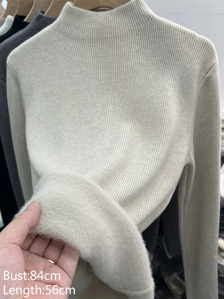Autumn and Winter New Women's Long-sleeved Sweater Semi-turtleneck Integrated Fleece Knitwear Solid Color Bottoming Top