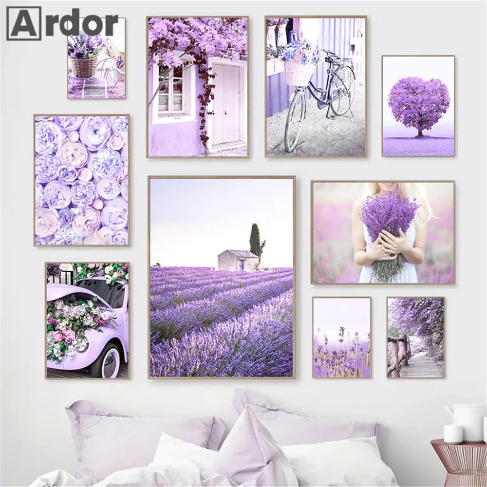 

Purple Flowers Poster Lavender Canvas Painting Door Bike Wall Art Print Landscape Posters Nordic Wall Pictures Living Room Decor