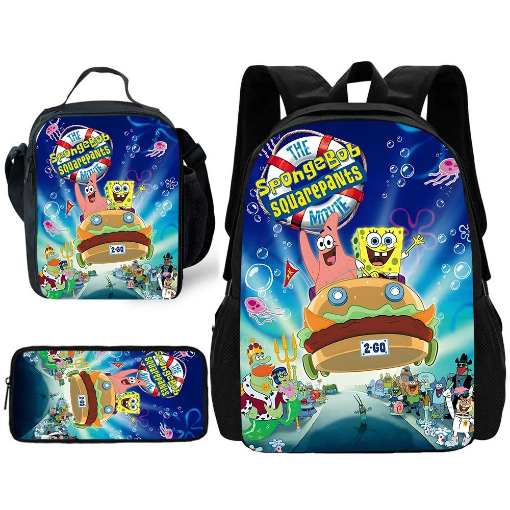 thumbnail image 1 of Juego de 3 mochilas escolares con dibujos animados de Bob Esponja para niños, con bolsas para el almuerzo, bolsas para lápices, mochilas escolares para niños y niñas, el mejor regalo, 1 of 5