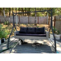 3-Seater Wicker Hanging Porch Swing Chair Outdoor Gray Rattan Patio Swing Lounge 3 Back Cushions Capacity for Garden, Balcony 2