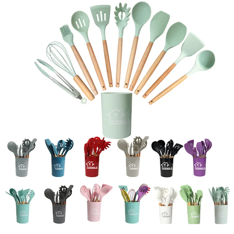 

12-Piece Wood Handle Heat-resistant Silicone Kitchenware Non-stick Pan Cooking Utensils Baking Tools And Storage Box Tools