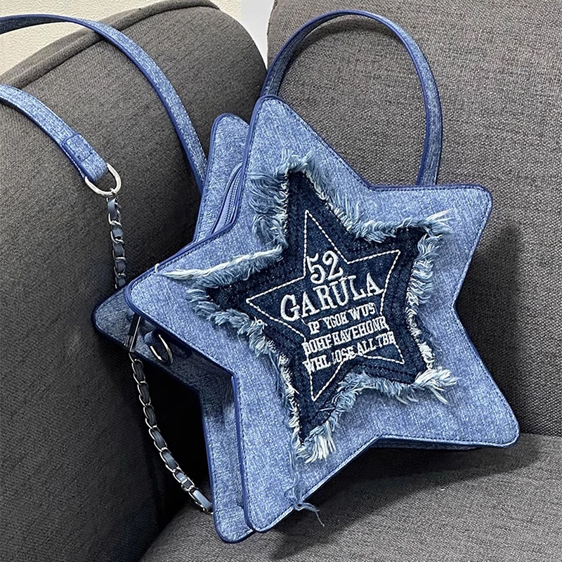 

Denim Blue Backpack 2023 New Embroidered Letter Pentagram Tassel Zipper Crossbody Bag Schoolbag For Women Trendy Sweet Cool