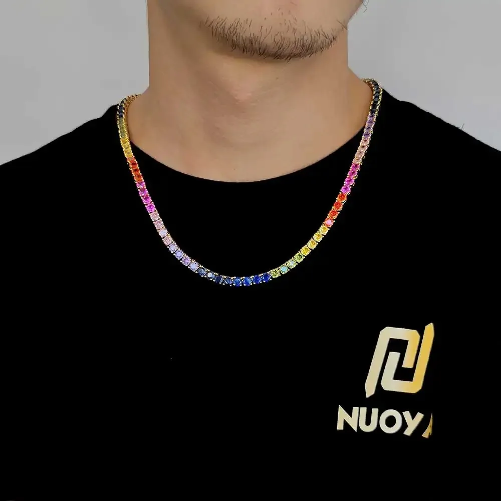Custom Tennis Necklace 5mm Round Color Gemstone Rainbow Iced Out Zircon Icy Chain Gift for Men Women
