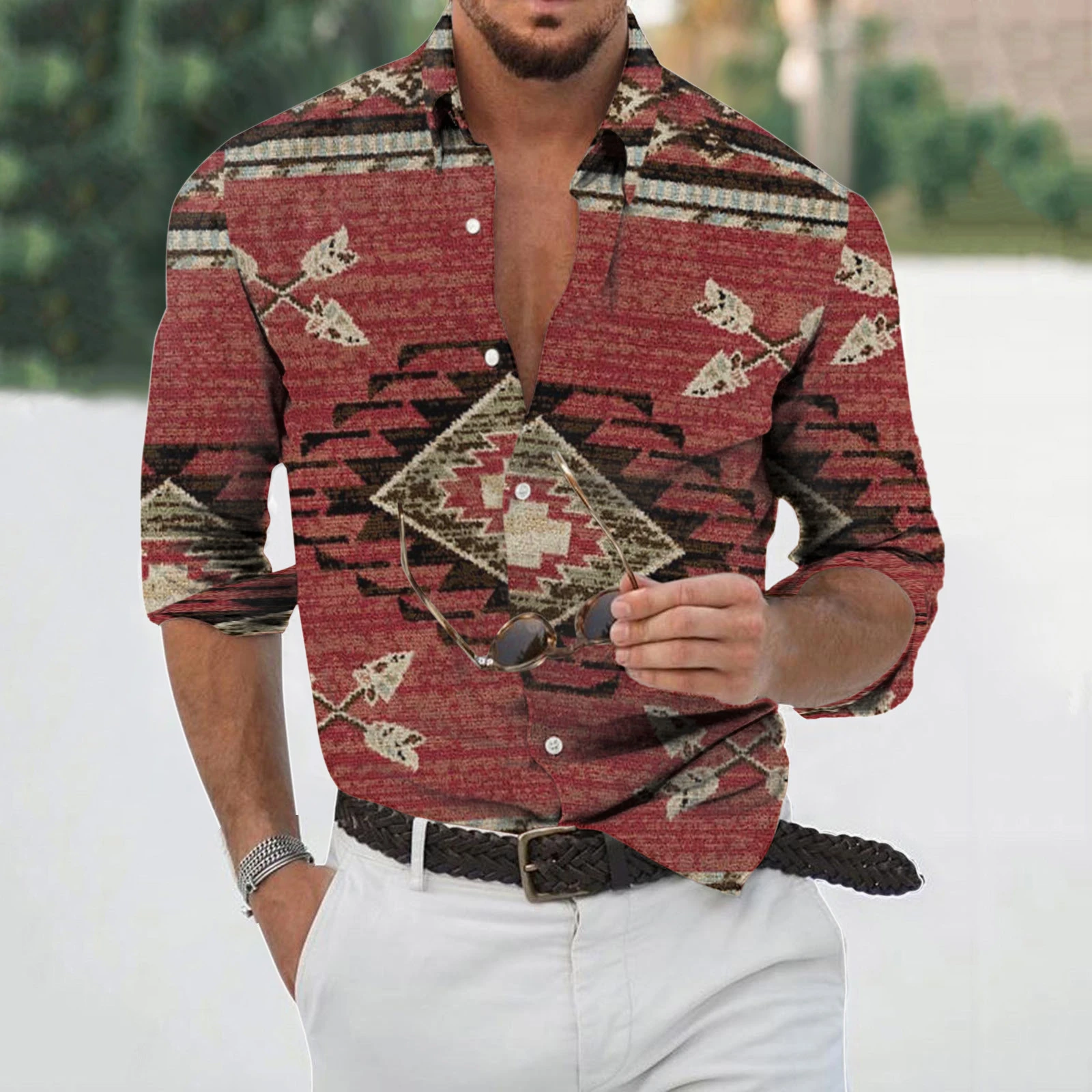 Camisa informal ajustada para hombre, camisa étnica Folk estampado azteca, Vintage, ropa de de manga larga a la moda, primavera otoño| | - AliExpress