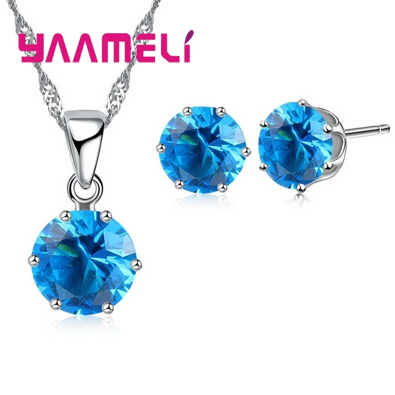 14 Colors 925 Sterling Silver Bridal Wedding Jewelry Sets For Women Engagement Crystal Pendant Necklace Stud Earrings Set 6