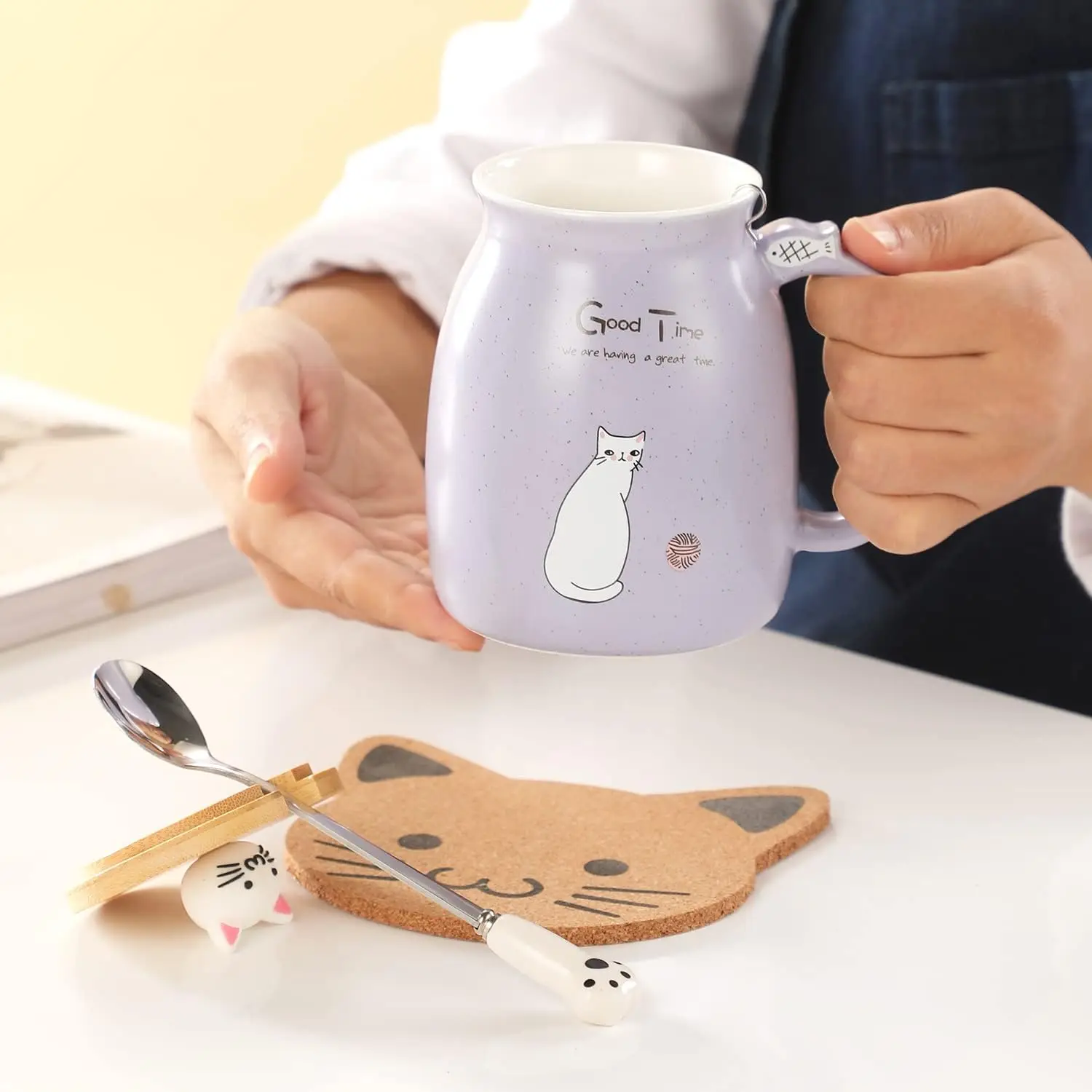 Tazza Da Caffè Con Fiori 380 Ml – Verde, Con Coperchio, Cucchiaio A Girasole E Manico Grande, Idea Regalo - 3