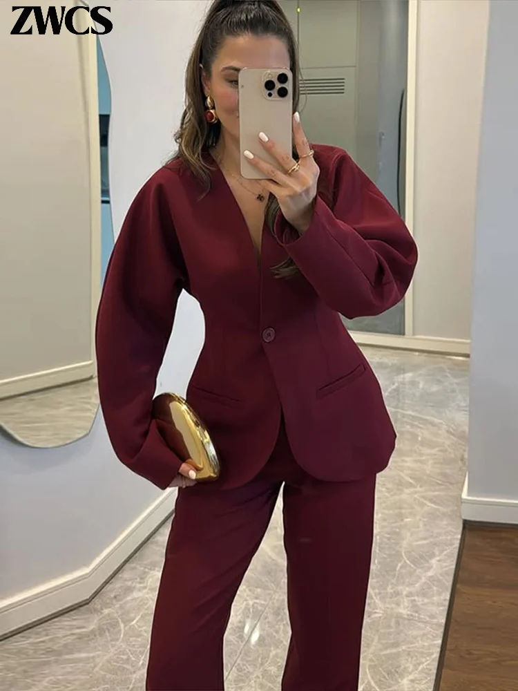 Blazer eleganti con scollo a V Cappotto Pantaloni Set Donna Solido Abito con bottone singolo Cappotti Pantaloni lunghi dritti 2025 Autunno Office Lady Outfit 3