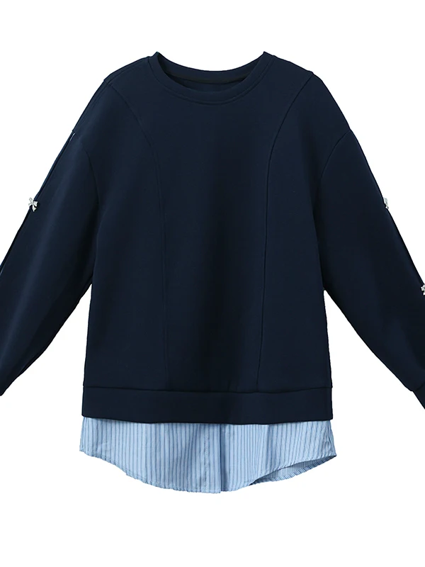 Casual Women's Faux Two-Piece Hoodie Spring Autumn New Sle European Loose Large Size Striped Patchwork Top Comfortable Cott...