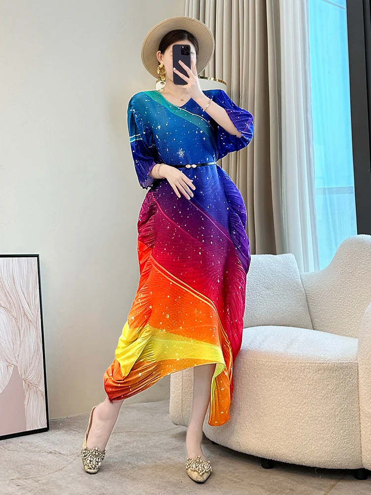 LANMREM Gradient Colorblock Design Pleated Dress For Women 2025 New Loose Causal Three Quarter Sleeve chic Long Dresses 2DB2985 - Image 5