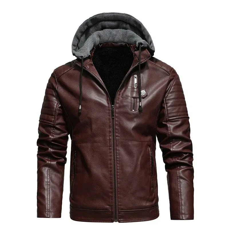 L-5XL Leather Jacket Men's Fleece Hooded Casual Large Size Imitation Leather Jacket/high Quality Windproof Men's PU Coats