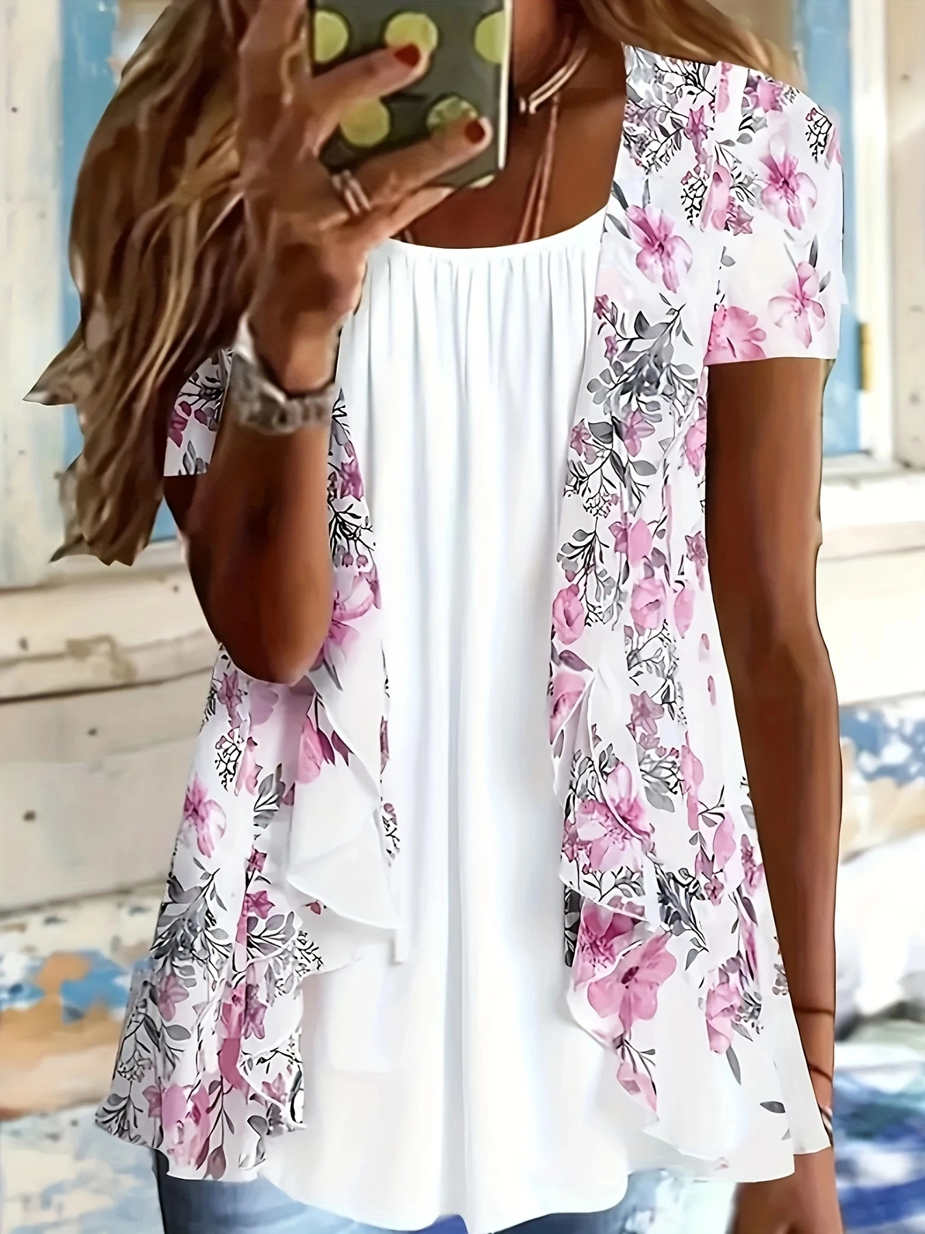 

Fashion 2-In-1 Printed Patchwork Top Women Summer Round Neck Short Sleeved Lady Every Day Elegant Shirts