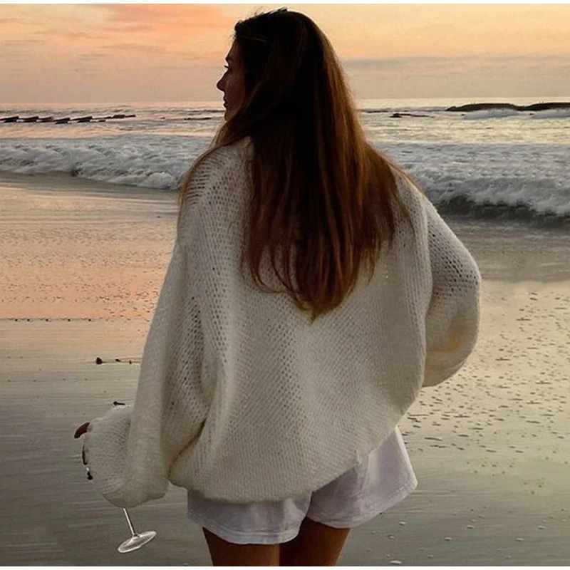 Casual Knitted Hollow Out O-neck Sweaters Women Loose Solid Long Sleeve Pullover Sweater Female Autumn Chic Elegant Street Tops