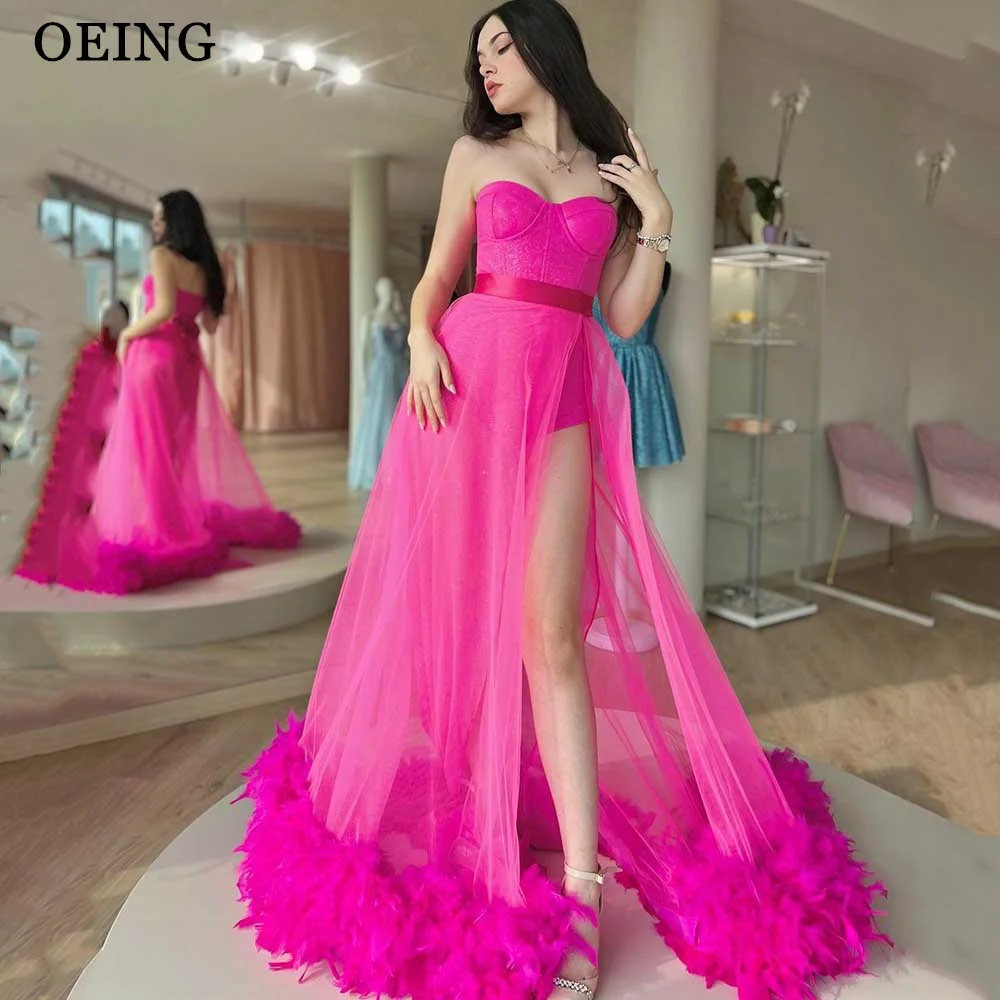 

OEING Elegant Hot Pink Tulle Prom Dresses Sweetheart Strapless Feathers Evening Gowns Formal Party Dress Vestidos De Gala