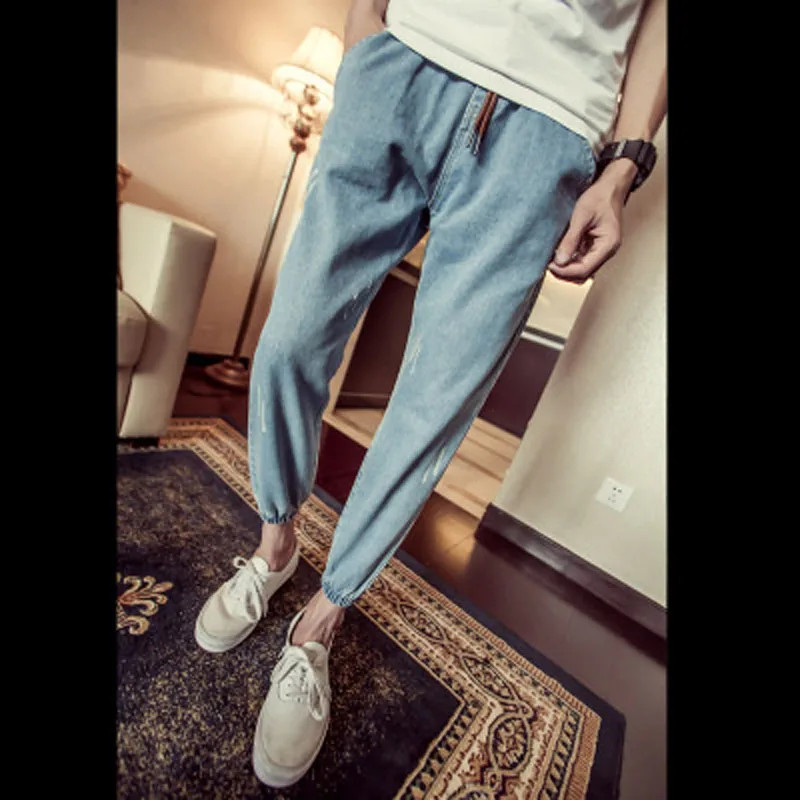 Fashion 2022 Spring Autumn Young Men's Clothing Beam Foot Trousers Elastic Waist Ripped Hip Hop Students Feet Pants Ripped Jeans