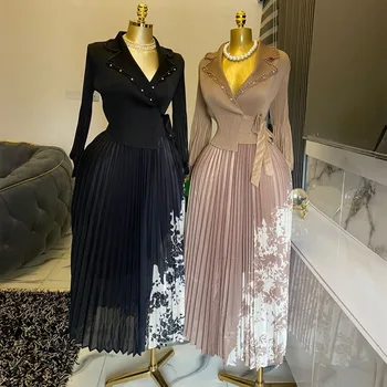 Middle East Plus Size Women's Miyake Pleated Dresses Fake Two Piece Long Lapel Long Sleeve Stretch Formal Occasion Prom Wear 1