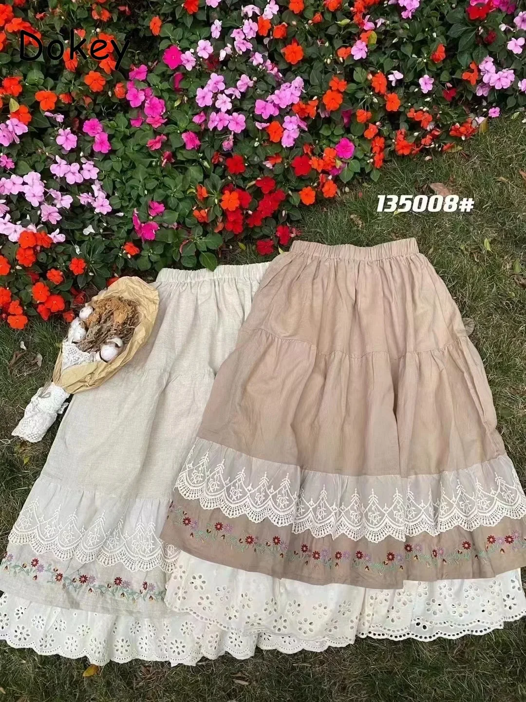 Japanese Lolita Style Cotton Linen Skirt Women Vintage Embroidery Lace Ruffled Kawaii Midi Pleated Skirt New Casual A-line Skirt