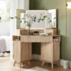 Vanity Desk with 3 Way Mirror and Lights, 48" Large Corner Vanity Table with Glass Top,Storage Cabinets & Shelves, Natural Oak 1