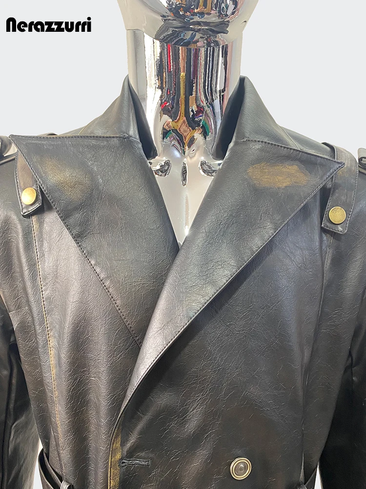 Nerazzurri Spring Autumn Cool Long Waterproof Distressed Black Pu Leather Trench Coat Men Belt Pockets Luxury Designer Clothes 5