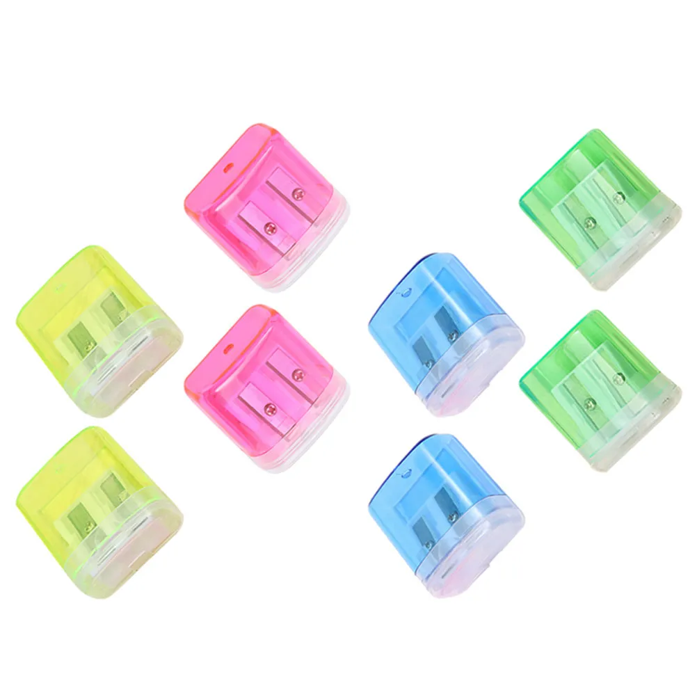 8Pcs 크리 에이 티브 세련된 수동 연필 깎이 휴대용 경량 핸드 헬드 더블 홀 학교 사무실 공급 어린이를위한 생일 선물