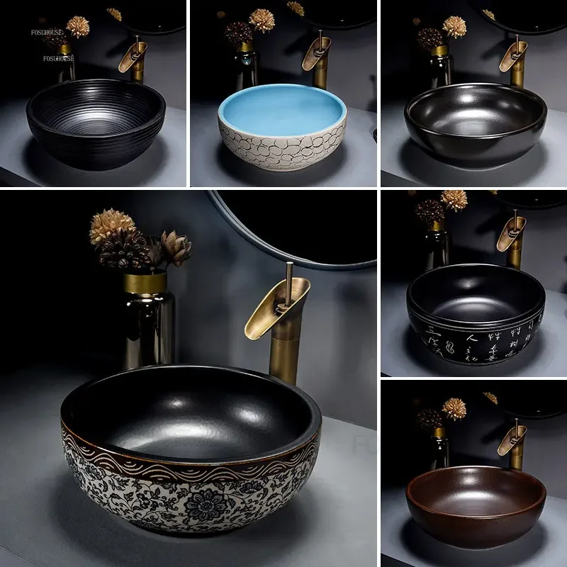 Retro Bathroom Sinks European Ceramic Home Bathroom Washbasins Countertop Basin Small Size 35cm Washing Sink Round Single Sink D 5
